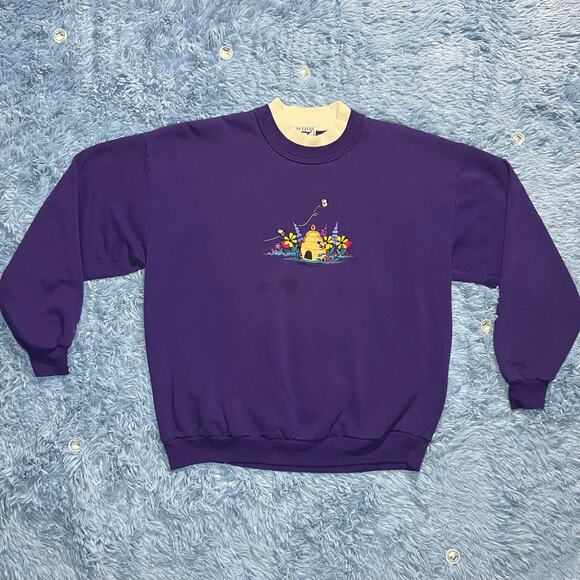 VINTAGE Bumblebee Hive Flower Crewneck Sweater Size XL Women’s Nature Purple 90s - Picture 1 of 9